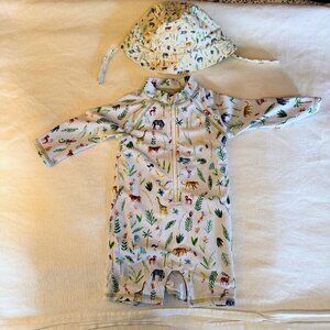 Janie & Jack Baby Recycled Safari Rash Guard Swimsuit and Toile Bucket Hat 6-12m